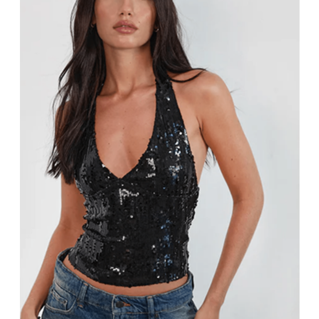 SHEIN Women Sparkle Sequin Solid Color Crop Tank Tops Backless Slim Fit Shrit Sleeveless Shiny Sequined Vests Disco Glitter Tops Going Out Tops Streetwear