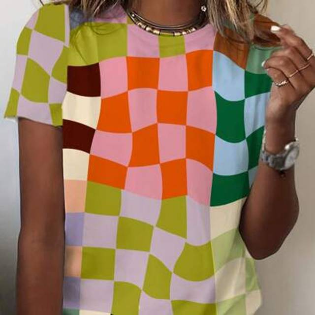 SHEIN Holiday Women&#39;s Spring And Summer Fashion Casual Casual Plaid Printed Casual T-Shirt