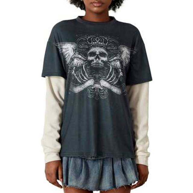 SHEIN Women&#39;s Fall Gothic T-Shirt Skull/Star Print Long Sleeve Round-Neck Grunge Shirts Streetwear