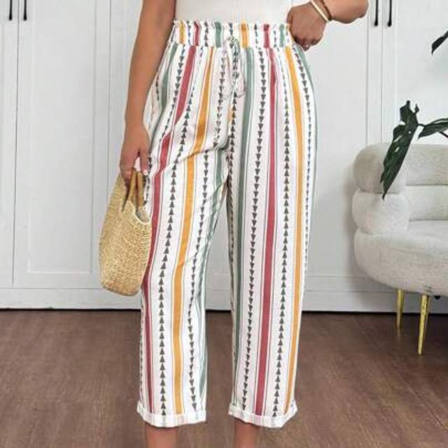SHEIN Plus Size Women Red & Green Striped Side Pocket Design Casual Long Pants