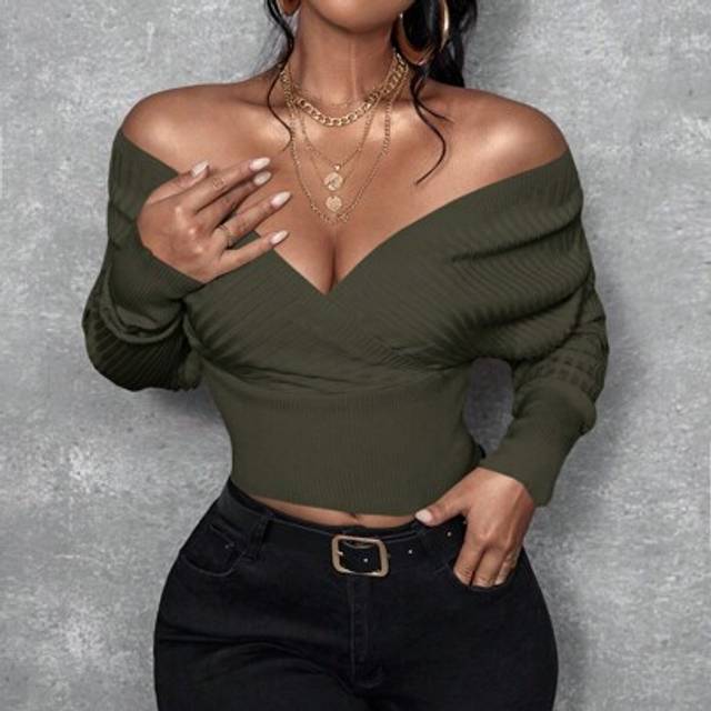 SHEIN Women Solid Color Off Shoulder Long Sleeve Casual Pullover Sweater, Autumn/Winter,Long Sleeve Tops