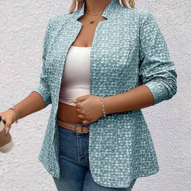 SHEIN Plus Size Pink Jacquard Semi-Fitted Mid-Length Thin Blazer Graduation,Back To School,Teacher Outfits For Women
