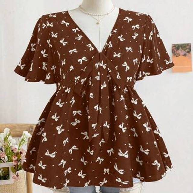Calvaya Plus Size Women&#39;s Cute Bowknot Butterfly Pattern Dolly Blouse