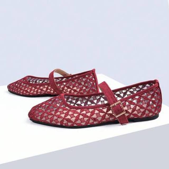 SHEIN Women&#39;s Fashion Square Toe Casual Party Office Buckle Strap Breathable Woven Hollow Mesh Comfortable Slip-On Flat Shoes, Apricot Color