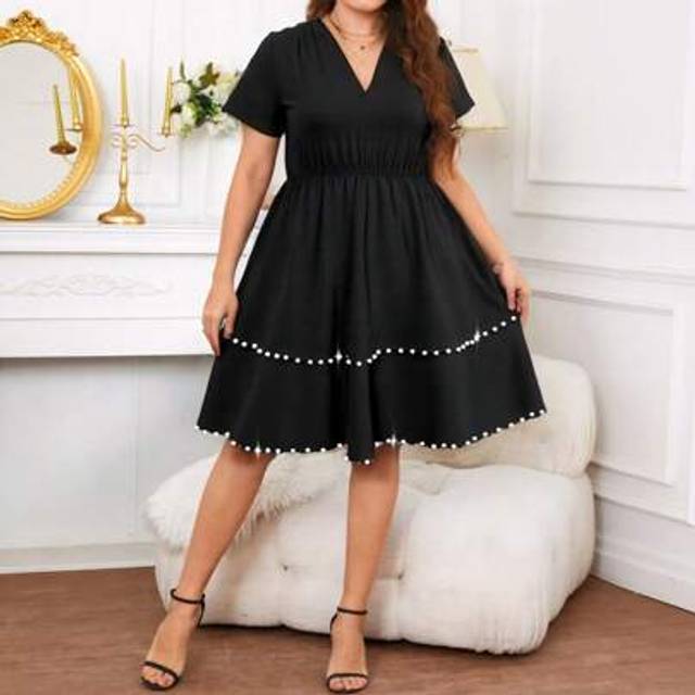 SHEIN Plus Size Women Elegant Formal Party Gown Ladies Short Sleeve Beaded Double Layered V Neck Casual Loose Mini Dress