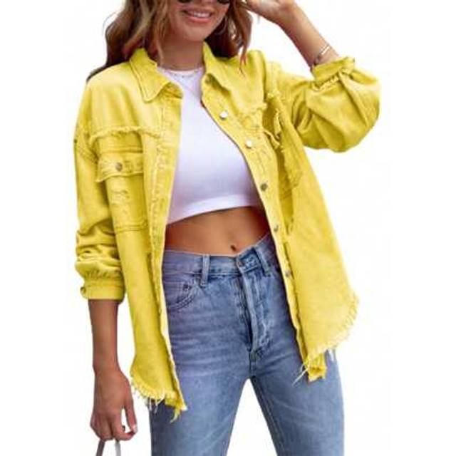 SHEIN Women&#39;s Spring Autumn Denim Coat Lapel Long Sleeve Solid Color Button Up Ripped Jean Jacket