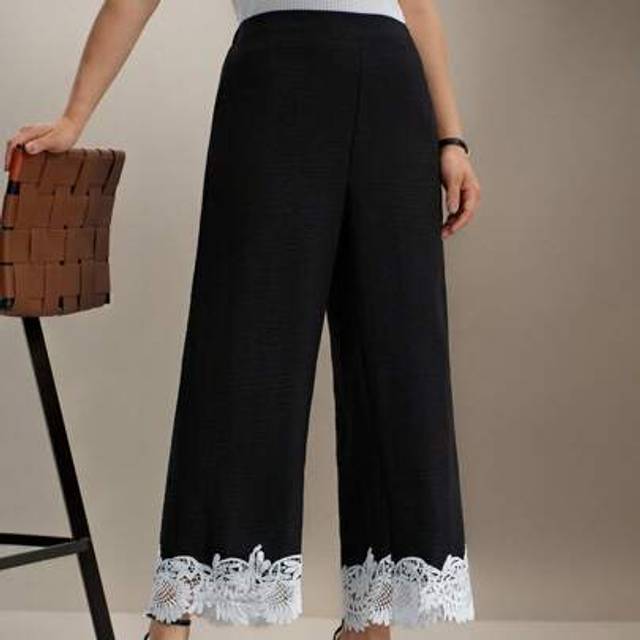 SHEIN Plus Size Solid Black Lace Trimmed Business Casual Elegant Baggy Pants Suitable For Wedding Guest, Women&#39;s Regular Trousers, Spring/Summer