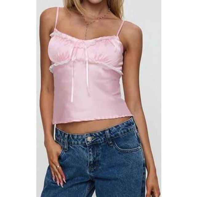 SHEIN Women&#39;s Satin Cami Tops Sleeveless Open Back V Neck Low Cut Slim Fit Lace Trim Tank Tops For Party Streetwear
