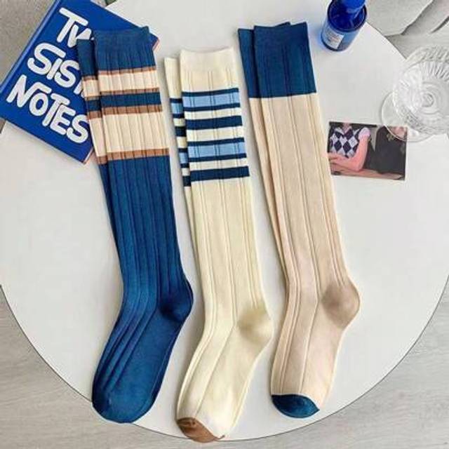 SHEIN 1/3 Pairs Blue & White Stripe Pattern Knee High Socks, Fashion Preppy Style Slim Fit & Breathable, Suitable For Daily Outfit