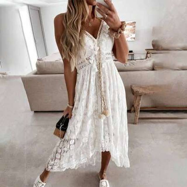 SHEIN Sexy Women&#39;s Summer Floral Lace Slip Boho Maxi Dress Ladies Speghetti Straps Lace Up Tassel V-Neck Flared Ruffle Beach Holiday Long Dresses