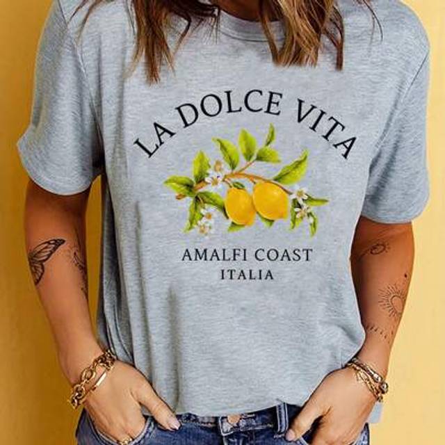 SHEIN Women Solid Color Round Neck Short Sleeve Lemon Branch Print Casual Loose T-Shirt