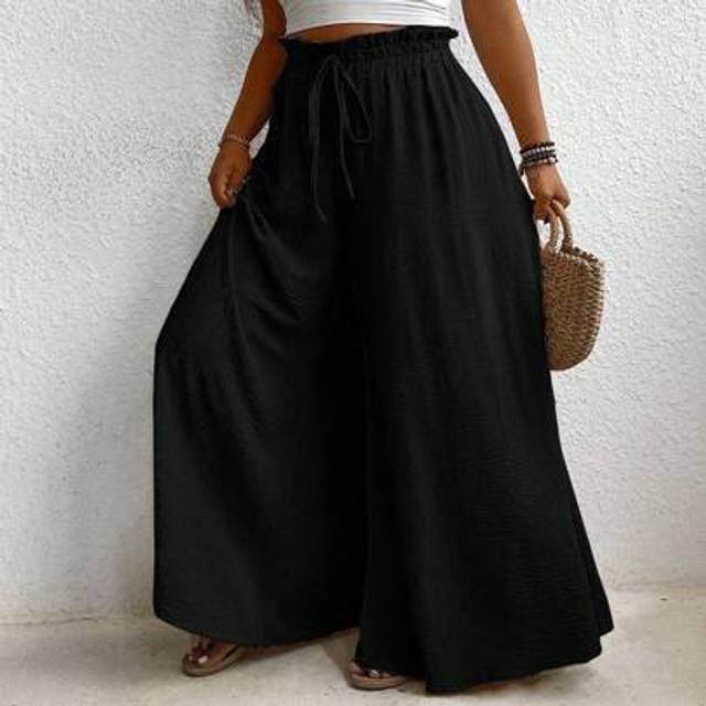 SHEIN Plus Size Solid Color High-Waist Wide Leg Pants With Paperbag Waist, Summer