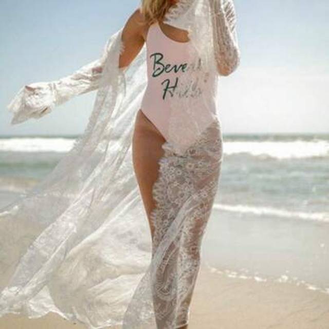 SHEIN Women Cover Up, Lace Ankle Length Cardigan Bikini Cover Up, Solid Color Long Sleeve See Through Kimono Dress With Waist Belt