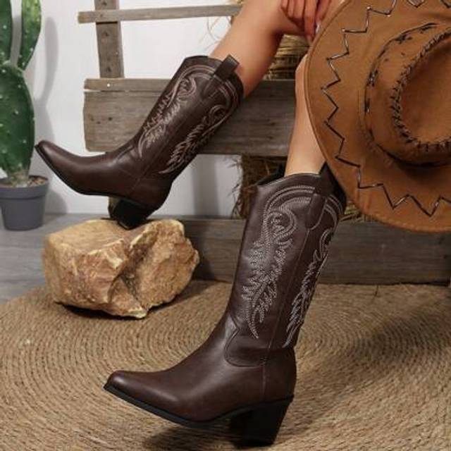 SHEIN 2024 Autumn New Genuine Leather Pointed Toe Knee-High Boots, Classic American Western Cowgirl Boots For Women