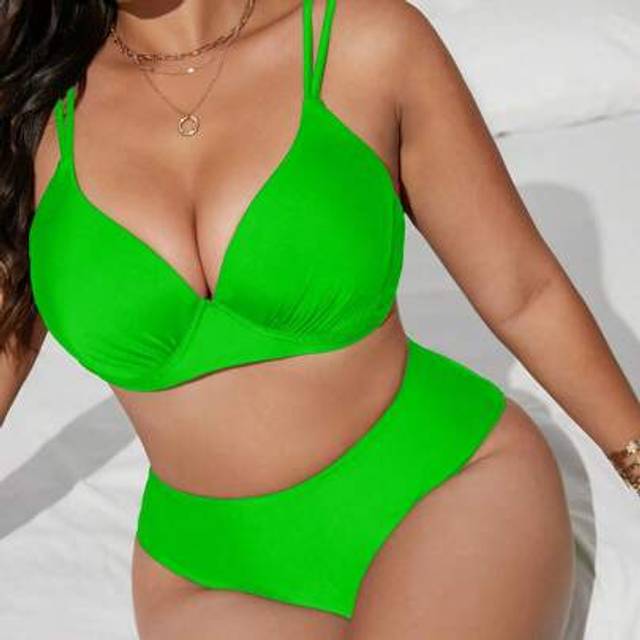 SHEIN Plus Size Women 2pcs/Set Solid Color Underwire High Waist Triangle Bikini Swimsuits, Adjustable Strap, Elegant Fashion Sexy Casual For Beach Holiday