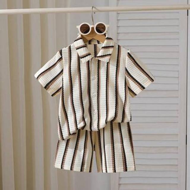 Souflis 2pcs/Set Young BoyTextured Stripe Knit Shirt And Shorts Set