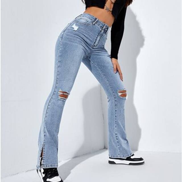 SHEIN High Waist Ripped Frayed Split Hem Flare Leg Jeans