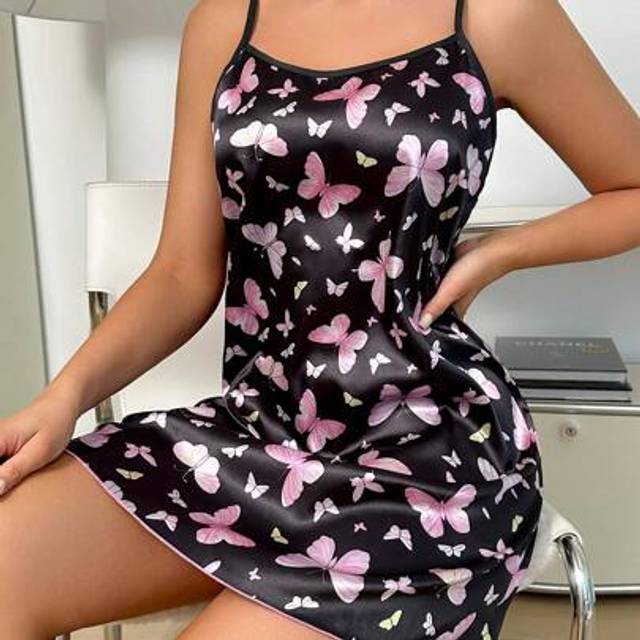 SHEIN Women Elegant Faux Silk Butterfly Print Camisole Nightgown