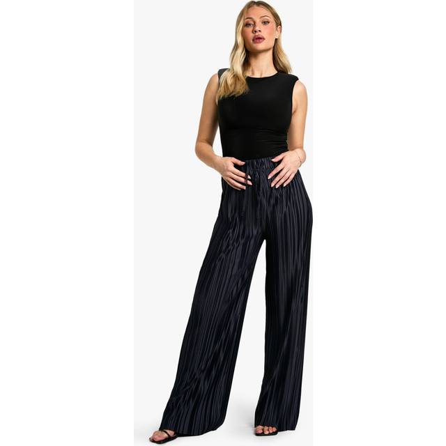 Womens Maternity Wide Plisse Elasticated Waist Drawstring Wide Leg Trouser - Navy - 18, Navy