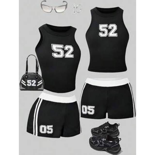 SHEIN Fashion Girl Summer Vest+Shorts Sports 2 Pieces Set, Digital Printed Top Paired With Digital Printed Color Blocked Shorts, Perfect For Outdoor Daily C