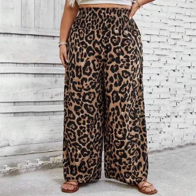SHEIN Plus Size Floral Leopard Print High Waist Palazzo Pants, Suitable For Summer, Beach, Music Festival