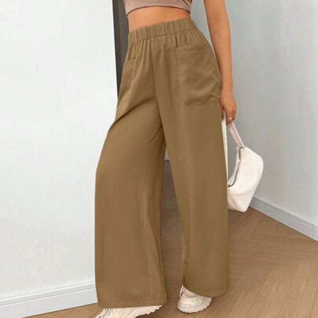SHEIN Women&#39;s Khaki Wide Leg Pants With Pockets And Elastic Waist,Palazzo
