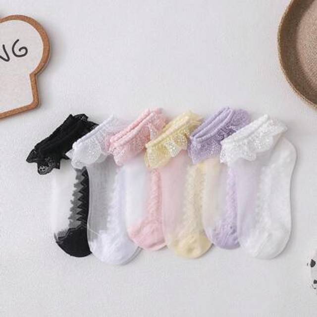 SHEIN 6 Pairs Baby Girls Black & White Lace Socks With Ruffle Trim, Infant/Toddler/Little Girl