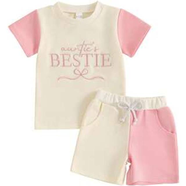 SHEIN Baby Kids Boys Girls Letter Print Color Block T-Shirt  Shorts Set - Cute Casual Summer 2 Piece Outfit