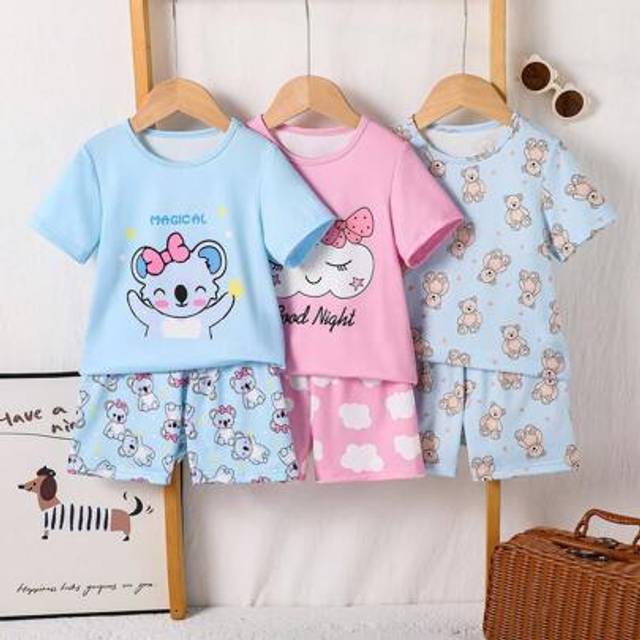SHEIN 6pcs/Set Young Girl Cute Polka Dot Cat Print Short Sleeve T-Shirt And Shorts Pajama Sets Kids Summer Pajama Little Girls Short Sleeve Pjs