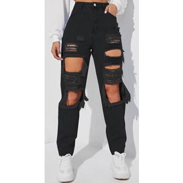 SHEIN Y2K Cut Out Ripped Frayed Carrot Black Jeans