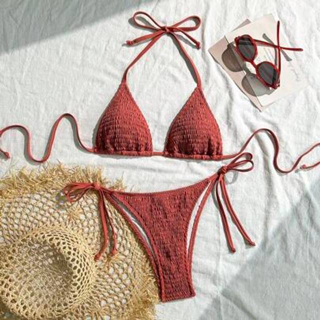SHEIN Women&#39;s Summer Beach Solid Color String-Tie Sexy Halter Bikini Set