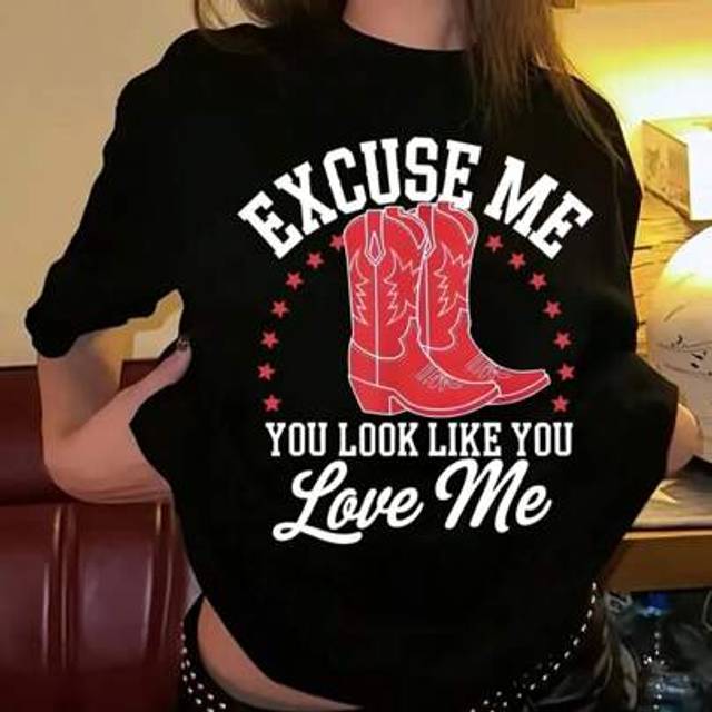 SHEIN Teen Girl EXCUSE ME,Teen Girl Summer Street Red Boot Pattern Personalized Print Pattern Round Neck T-Shirt Clothing Girl Top.Graphic Teen Girl,Suitabl