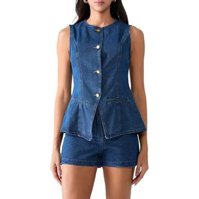 SHEIN Womens Pocket Denim Long Vest Waistcoat Vest Sleeveless Button-Up Back Slit Jean Jacket Vest Y2k Clothes