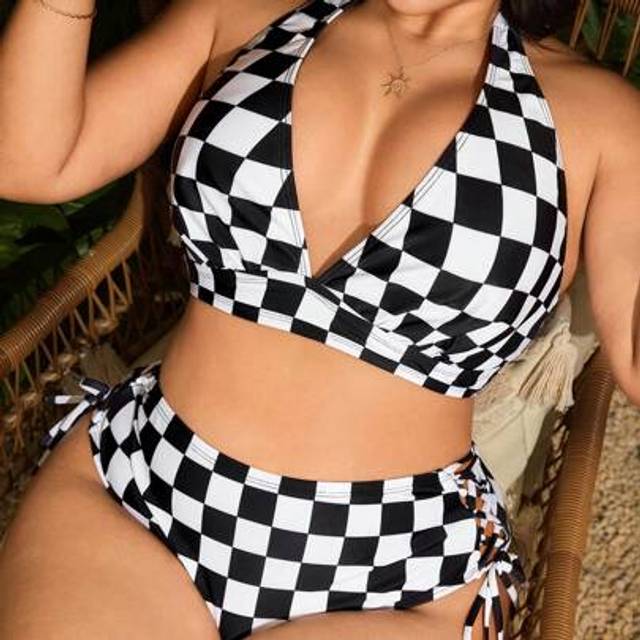 SHEIN Plus Size 2pcs Set Black & White Plaid Random Print V-Neck Halter Top With Side String Tie Triangle Bottoms Bikini Set, Suitable For Summer Beach Vaca