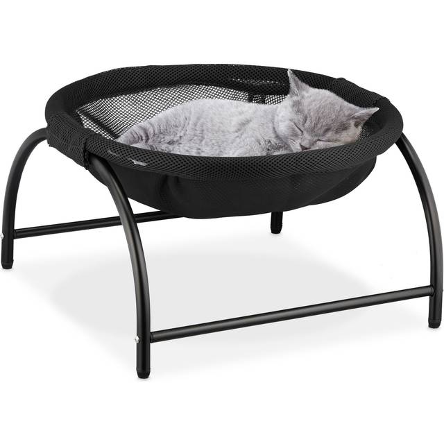 Relaxdays - Cat Hammock Bed, Freestanding, Raised Pet Perch, hwd: 25 x 44 x 42 cm, Mesh, Dog Lounger with Stand, Black