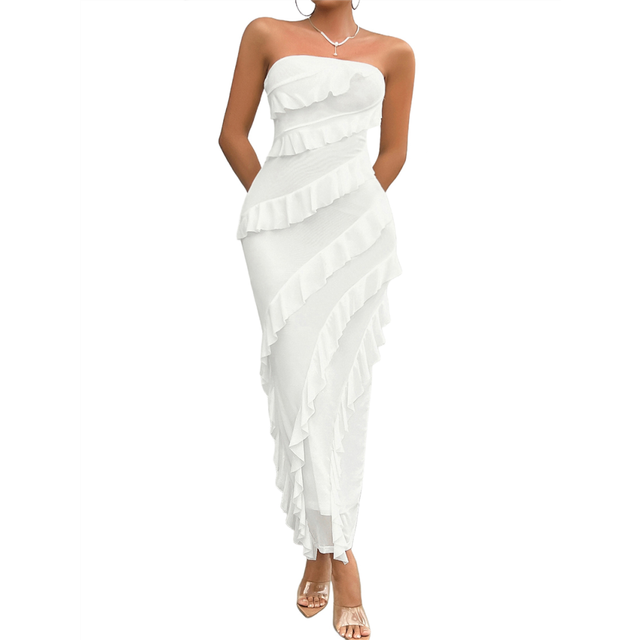 Women'S Sexy- Bodycon Elegant Tube Top Ruffle Maxi Cocktail Party Dresses White XL