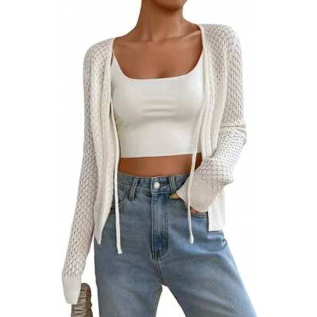 SHEIN Women Knit Cardigan Long Sleeve Tie-Up Hollowed Solid Fall Casual Jacket Sweater