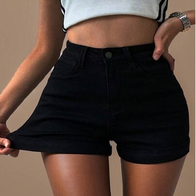 SHEIN Women&#39;s Stretchy Plain Black Color Denim Shorts, Fashionable Slim Fit High Waist Jean Shorts, Casual Street Style, Summer Essential