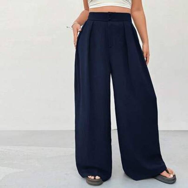 SHEIN Plus Size Navy Blue High Waisted Straight Leg Casual Pants, Minimalist & Stylish Office Wear For Women, Spring/Summer,Back To School