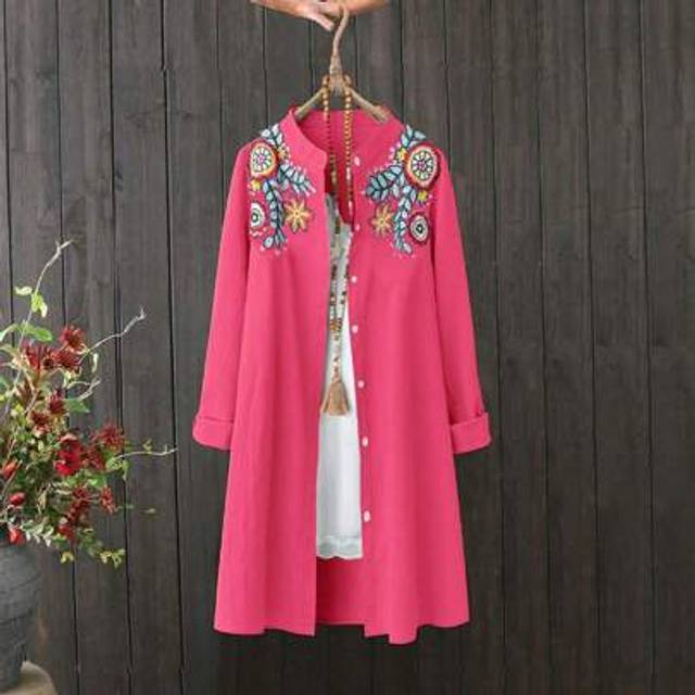 SHEIN Plus Size Women Embroidered Long Cardigan Shirt, Autumn/Spring New Arrivals