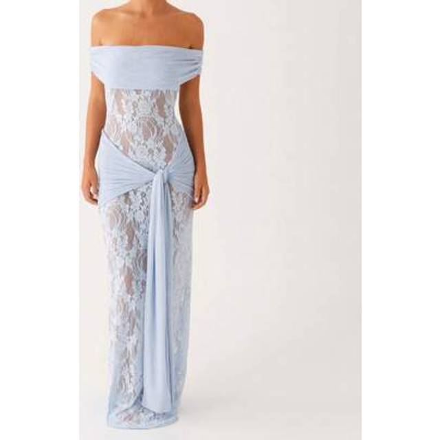 SHEIN Women&#39;s Long Evening Dress Short Sleeve Off Shoulder Strapless Knotted Slim Lace Dress