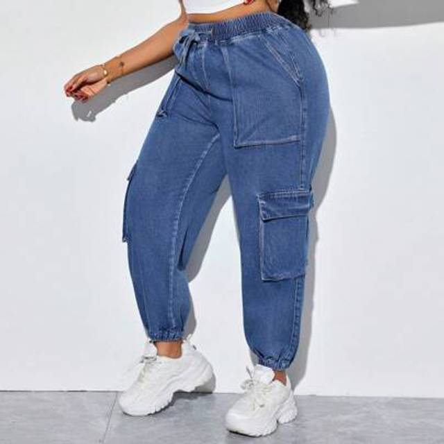 SHEIN Plus Size Women Drawstring Waist Cargo Pockets Casual Jogger Jeans Summer Vacation Outfits Woman 4th Of July Fourth Of July Fourth Of July Women Club