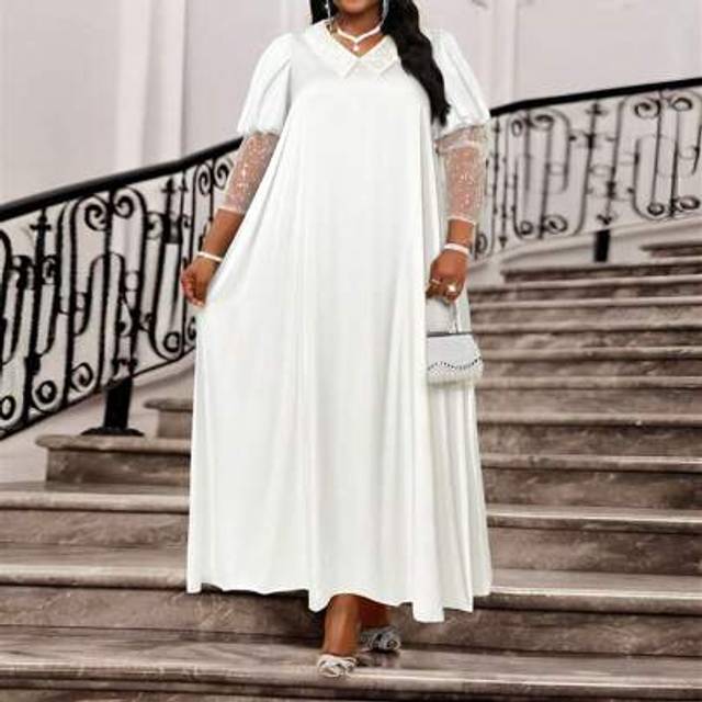 SHEIN Spring And Summer Elegant Modest Cocktail Party Concert/Music Festival Party White Woven Satin V Neck Ball Gown Puff Sleeve Contrast Sequin A Line Dre
