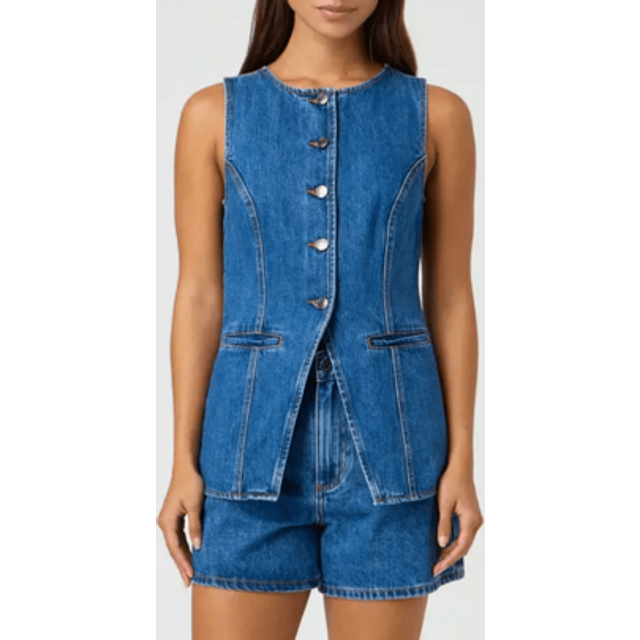 SHEIN Women Summer Denim 2 Piece Set Solid Color Sleeveless Blazer Vest Tops And High Waist Shorts Sets Casual Daily Streetwear