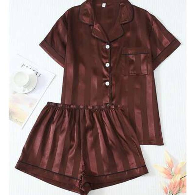 SHEIN 2pcs Satin Stripe Pajama Set, Long Sleeve Collar Button Shirt And Bowknot Long Pants, Sleepwear Loungewear Suit For Home Use, Autumn/Winter