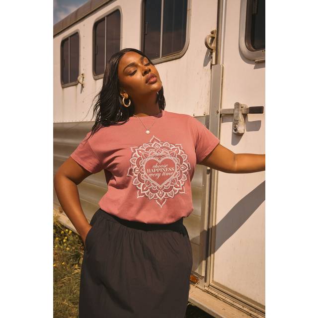 Yours Curve Rust Orange 'Choose Happiness' Mandala Tshirt, Women's Curve & Plus Size, Yours - 38-40