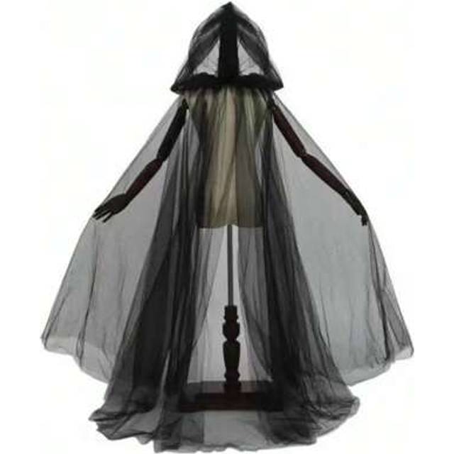 SHEIN European & American Style Bride Stylish Long Sheer Hooded Black And White Cape/Cloak With Tie For Bride, Dark Goth Inspired