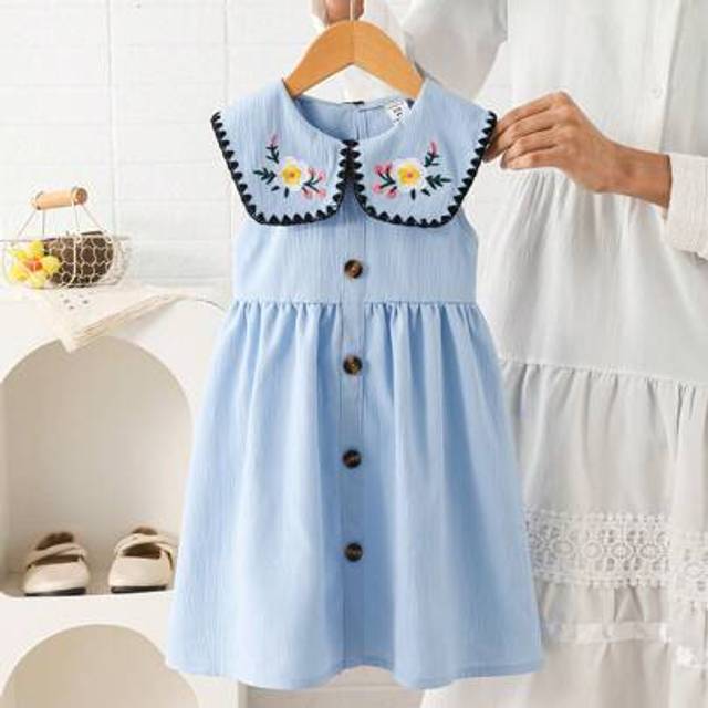 Souflis Summer Sleeveless Cute Doll Face Embroidery Stylish Dress, Korean Style