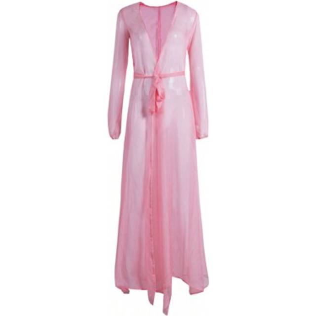 SHEIN Women Chiffon Bikini Cover Ups Long Sleeve Deep V Neck See-Through Maxi Dress Sexy Lace-Up Summer Beachwear
