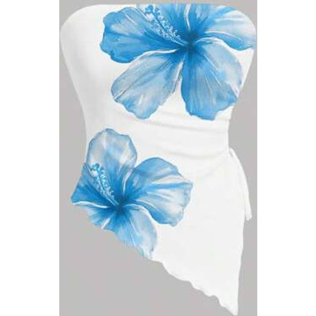 SHEIN Women&#39;s Casual Blue Lily Print Asymmetric Hem Tube Top, Suitable For Summer, Beach, Music Festivals, Spring Break, Vacations, Summer Miami Girl Vibes